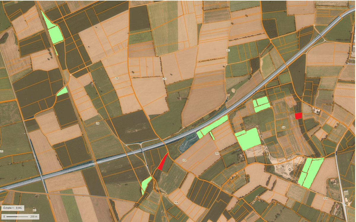 image satellite des parcelles acquises en rouge
